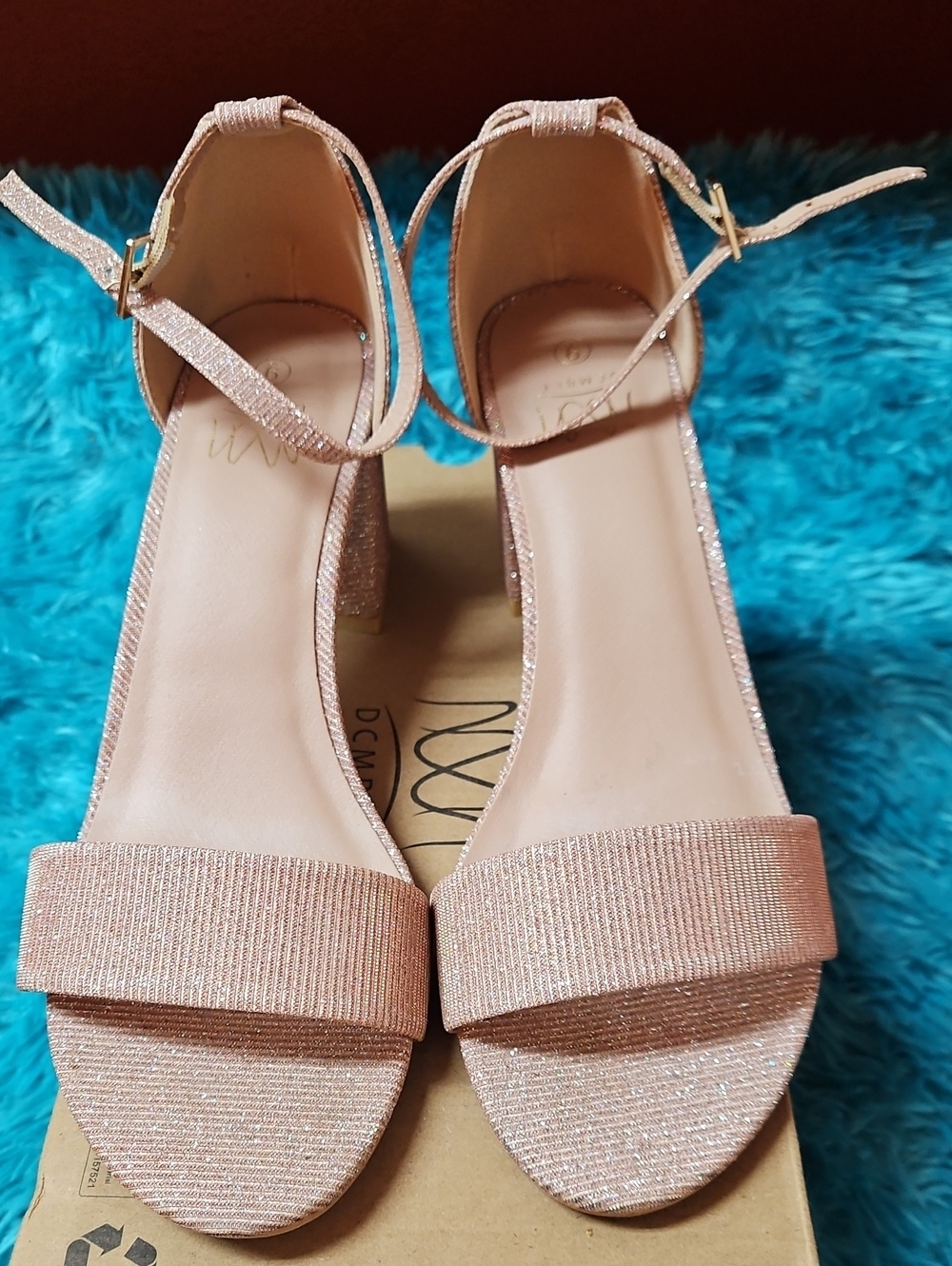 Blush Pink Glitter Ankle-Strap Block Heels